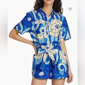 FARM Rio Blue and Cream Floral Short Sleeve Romper